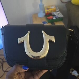 True Religion Black Crossbody Bag with Gold Logo